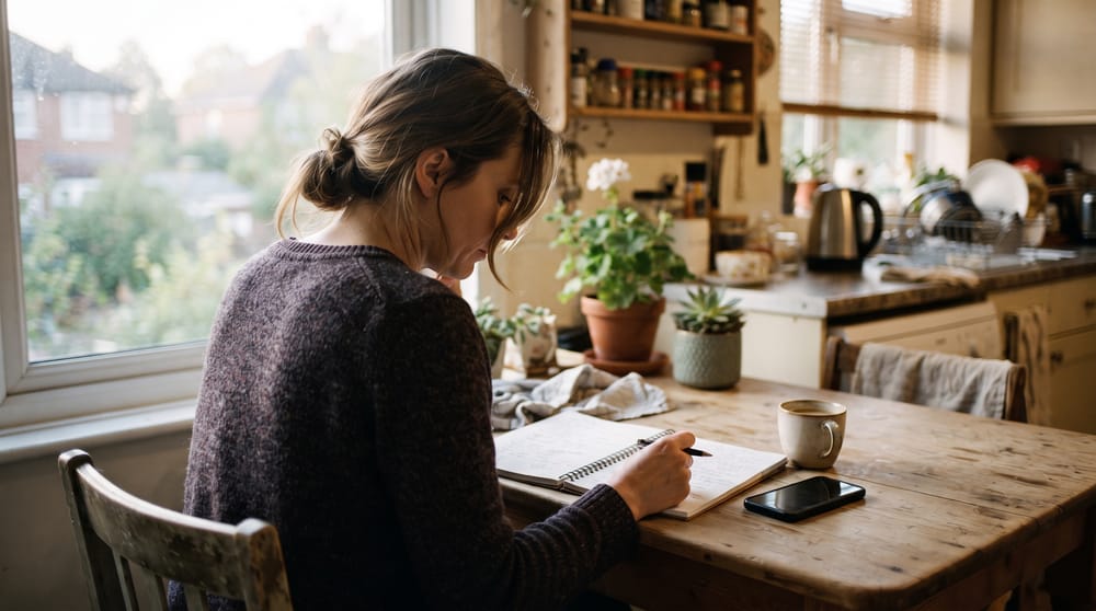 A distributor sitting at her kitchen table in the morning, planning her week in a notebook.